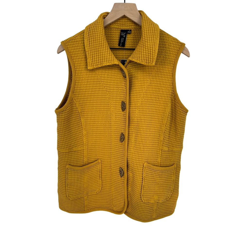 Focus Vest Womens S Yellow Waffle Knit Cotton Boho Lagenlook Pockets NWT